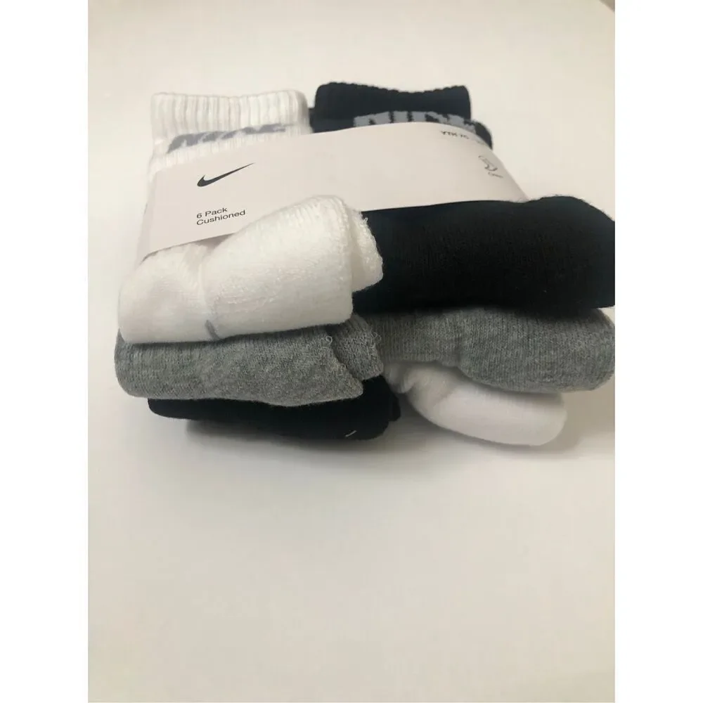 Nike Boys Cushioned Crew Socks 6 Pack (Grey/White/Black) size 7C-10C
